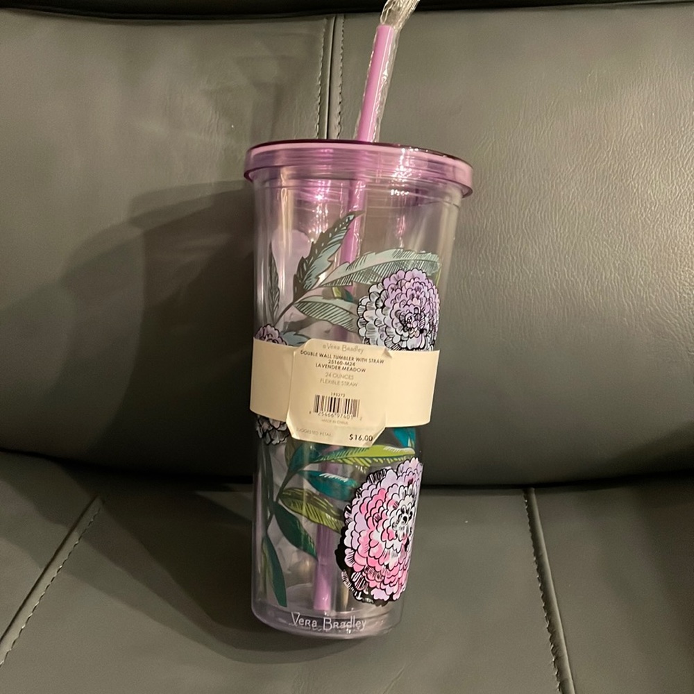 Vera Bradley Lavender Meadow Travel Tumbler, 24 oz, flexible straw, double wall